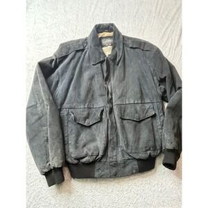 COMINT Mens Genuine Leather Bomber‎  black Jacket Medium 80s map lined  vintage
